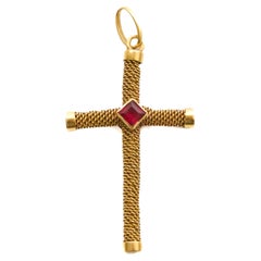 Pendentif croix espagnol ancien avec chaîne en or 18 carats et rubis