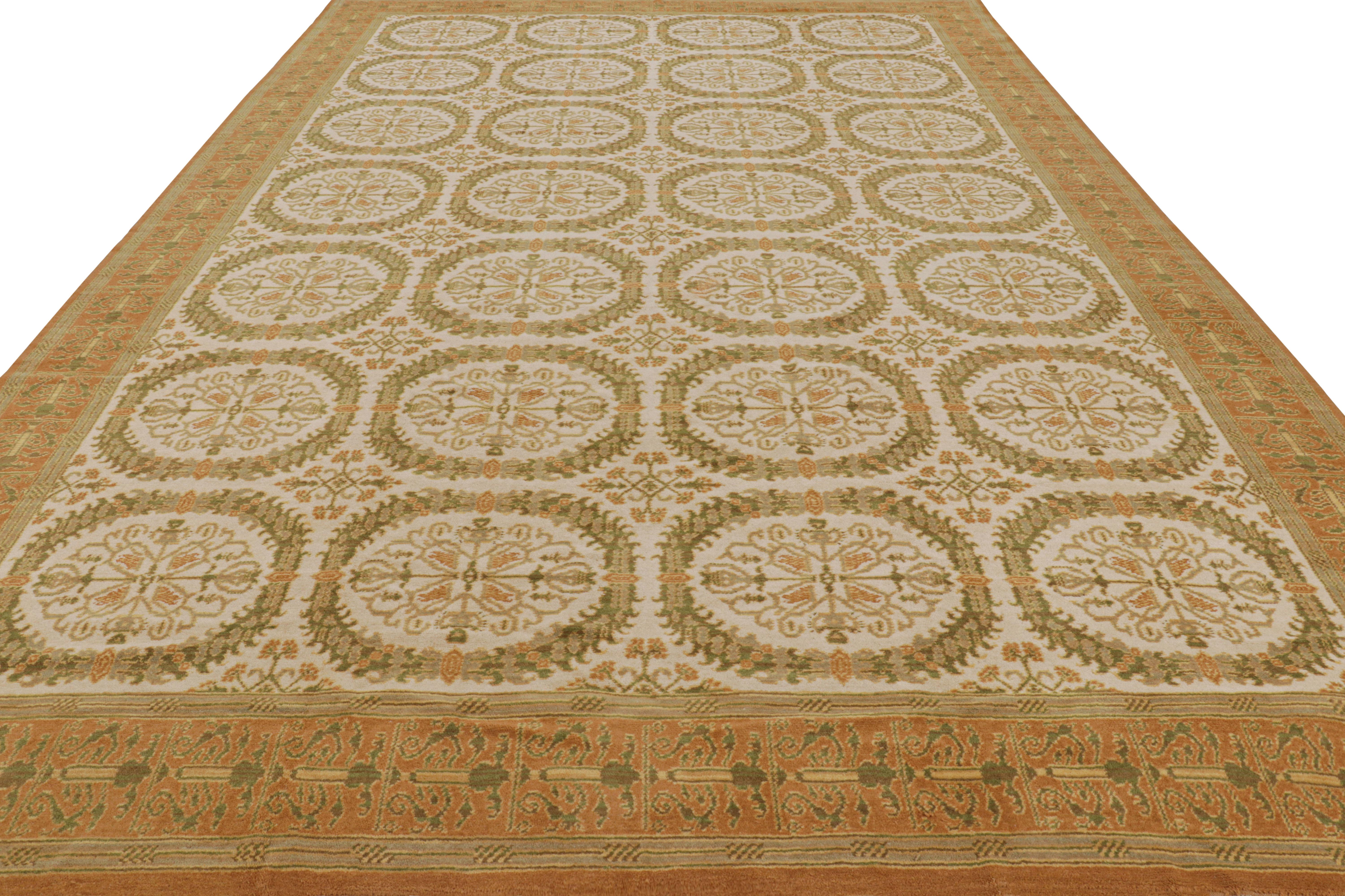 Noué à la main Tapis espagnol ancien vert et beige avec motif de médaillon  Rug & Kilim en vente