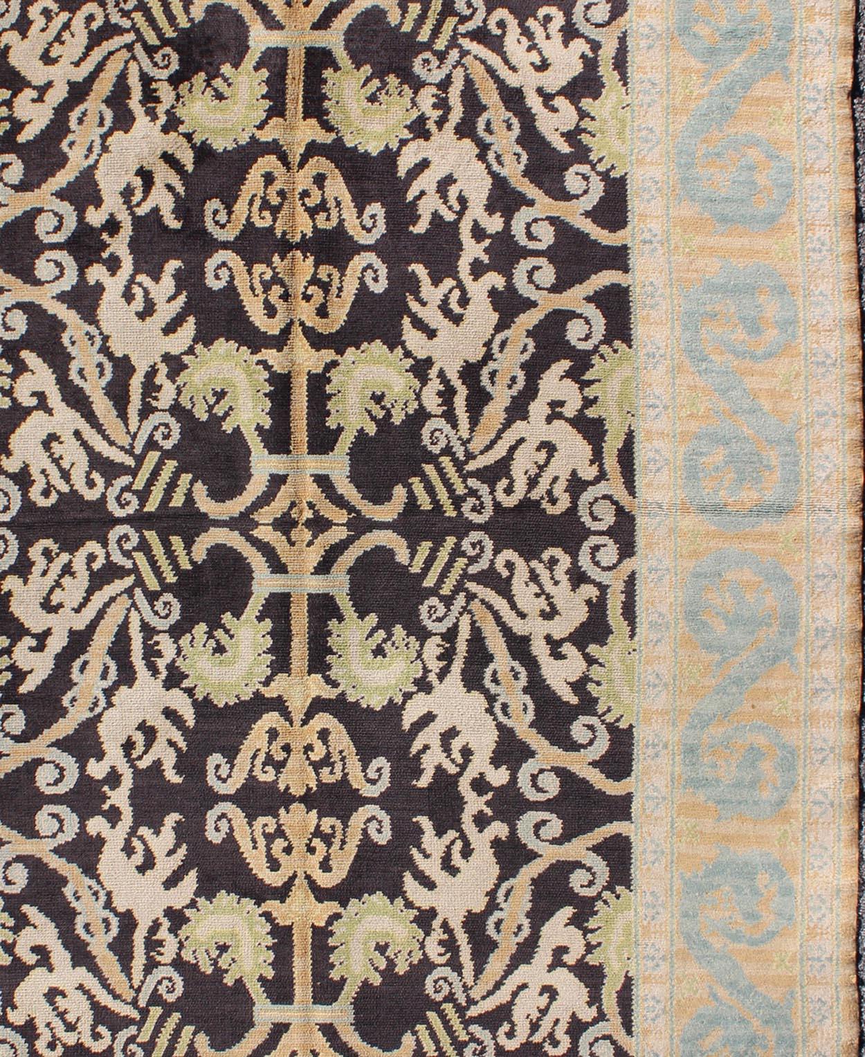 Antique Spanish rug with all-over Botanicals in black, light blue, light green and taupe, rug F-1203, country of origin / type: Spain / Spanish Colonial, circa 1920 
This elegant antique Spanish carpet is the proud heir to a long tradition of