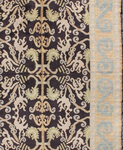 Antique Spanish Rug with All-Over Botanicals in Black, Light Blue, Light Green