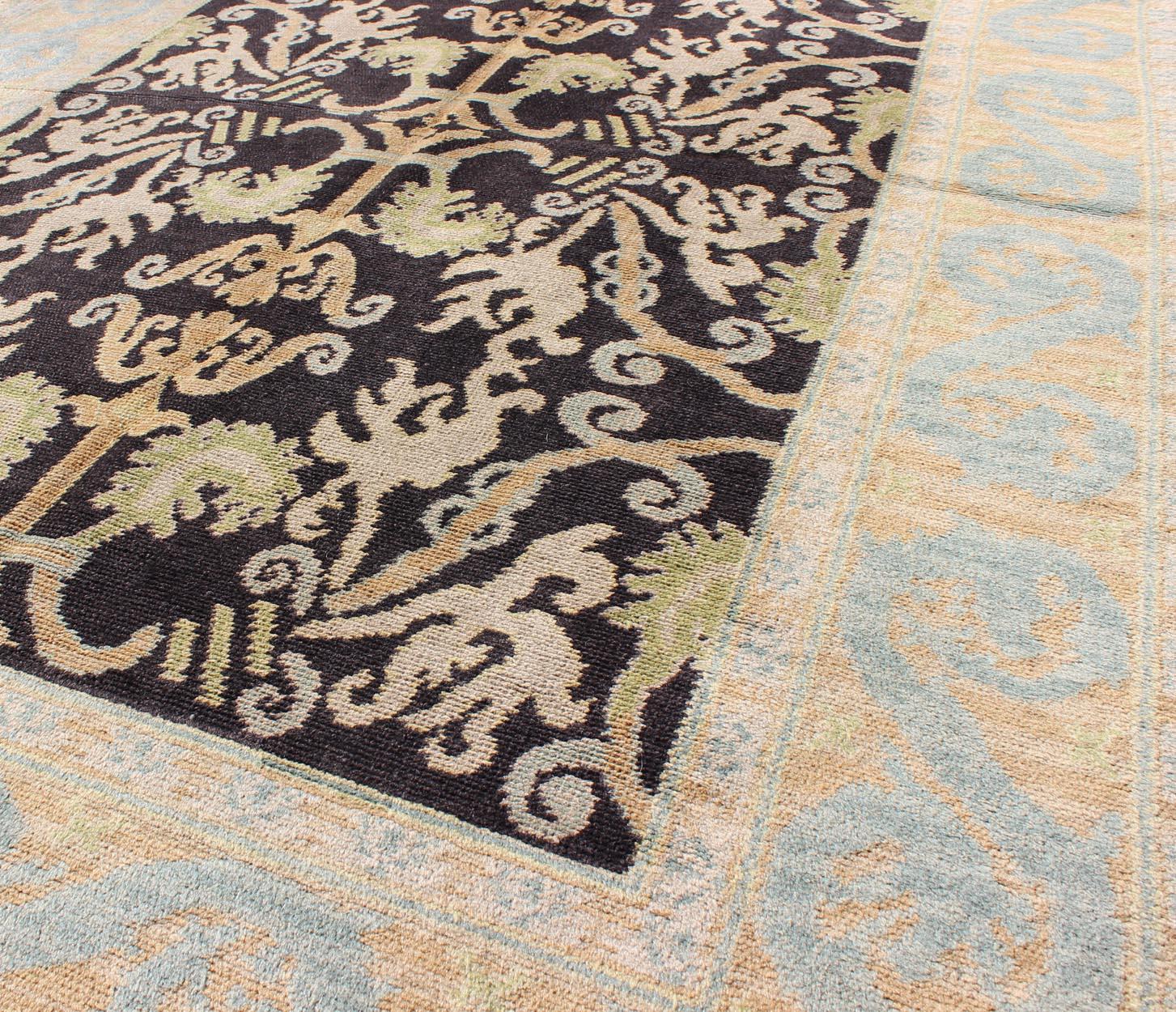 Spanish Colonial Antique Spanish Rug with All-Over Botanicals in Black, Light Blue, Light Green For Sale