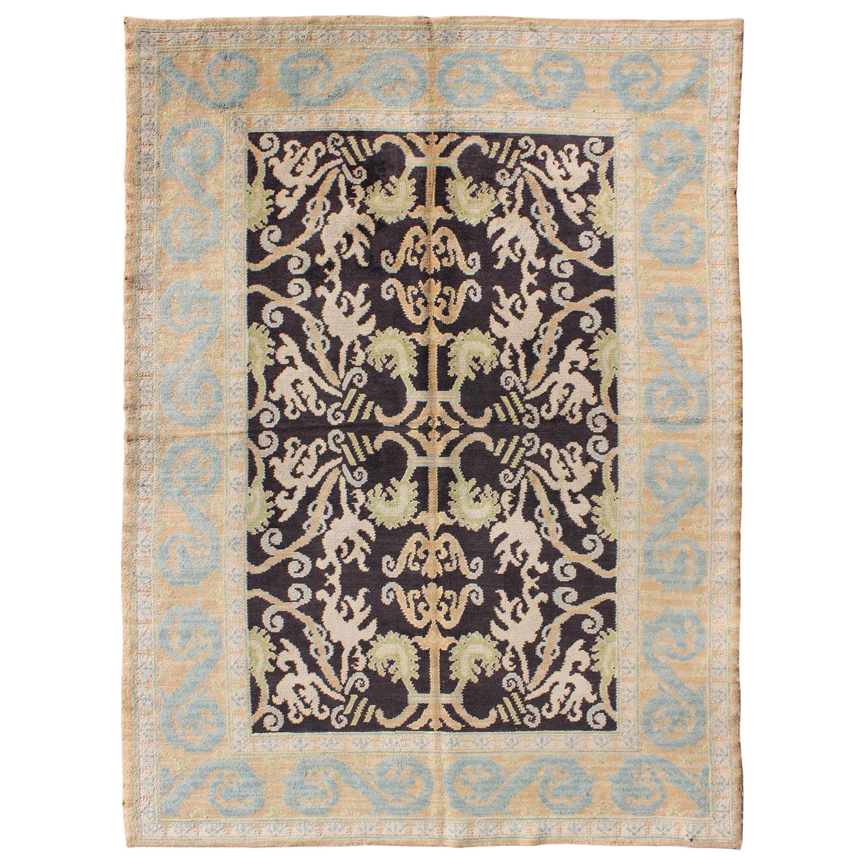 Antique Spanish Rug with All-Over Botanicals in Black, Light Blue, Light Green