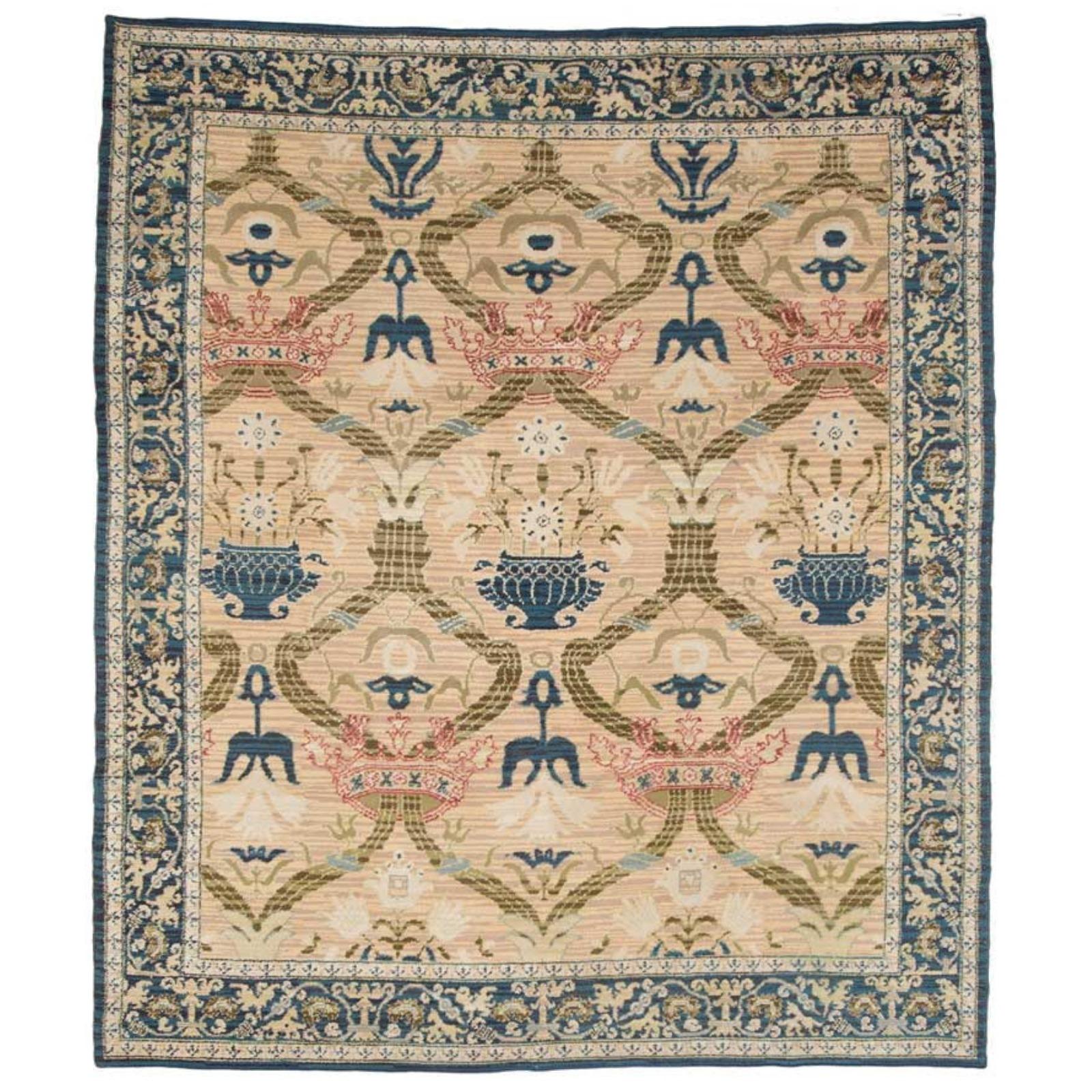 Hand-Knotted Antique Spanish Rug with Crowns