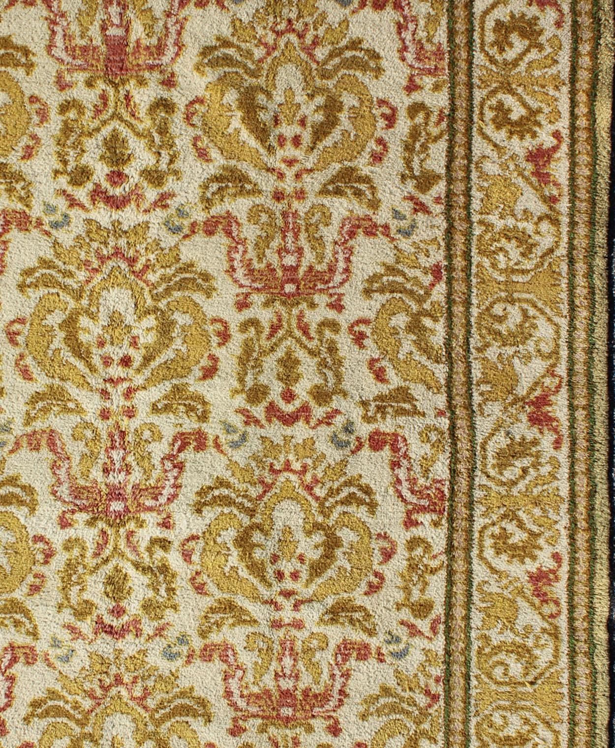 Spanish Colonial Antique Spanish Rug with in Yellow Green, Light Brown, Acid Green, Coral 6'4 x 7 For Sale