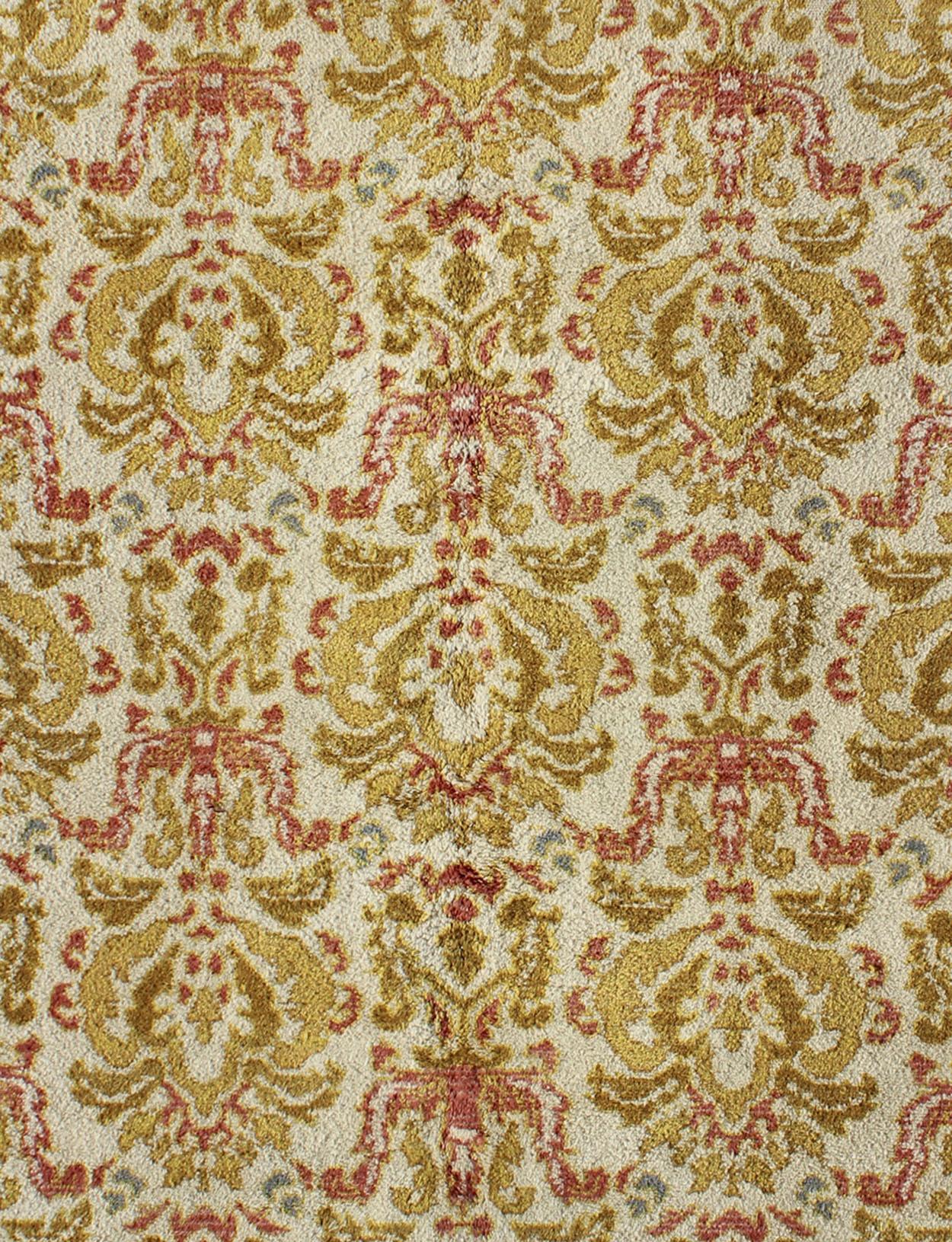 20th Century Antique Spanish Rug with in Yellow Green, Light Brown, Acid Green, Coral 6'4 x 7 For Sale