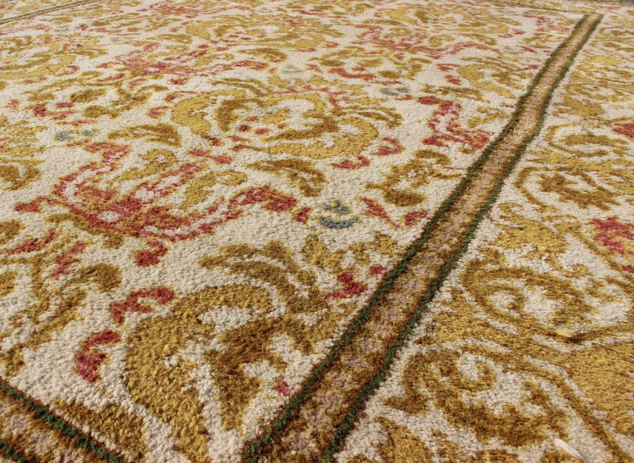 Antique Spanish Rug with in Yellow Green, Light Brown, Acid Green, Coral 6'4 x 7 For Sale 1