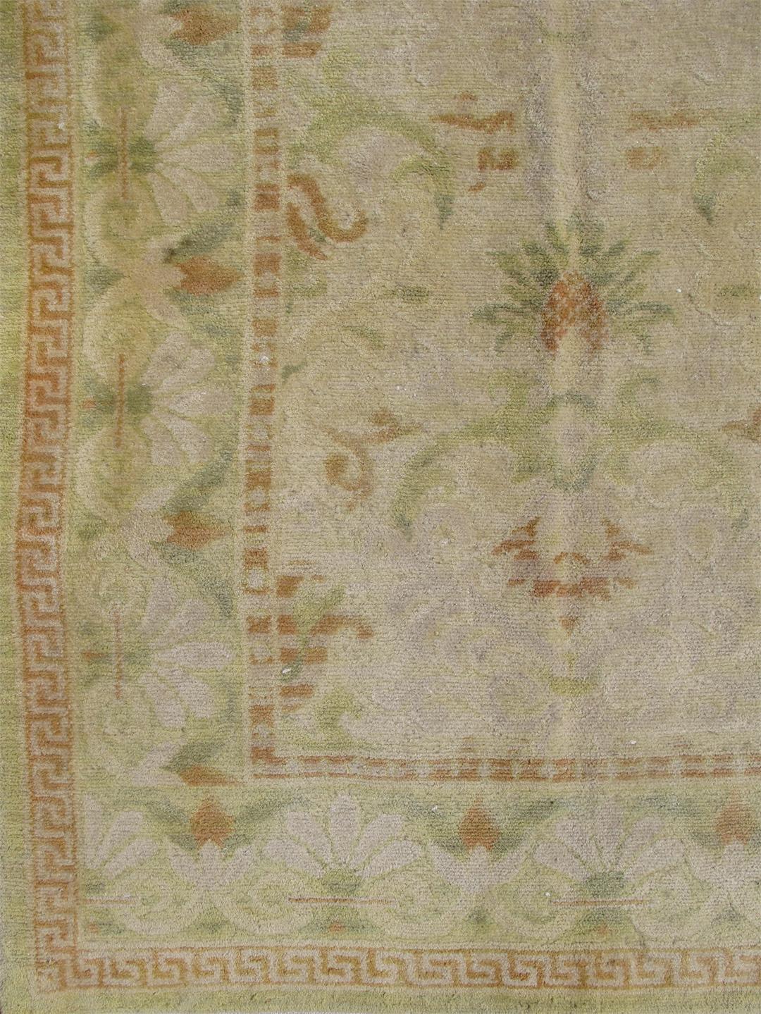 Spanish Colonial Antique Spanish Rug with Floral Yellow Green, Light Brown, Acid Green and Ivory For Sale