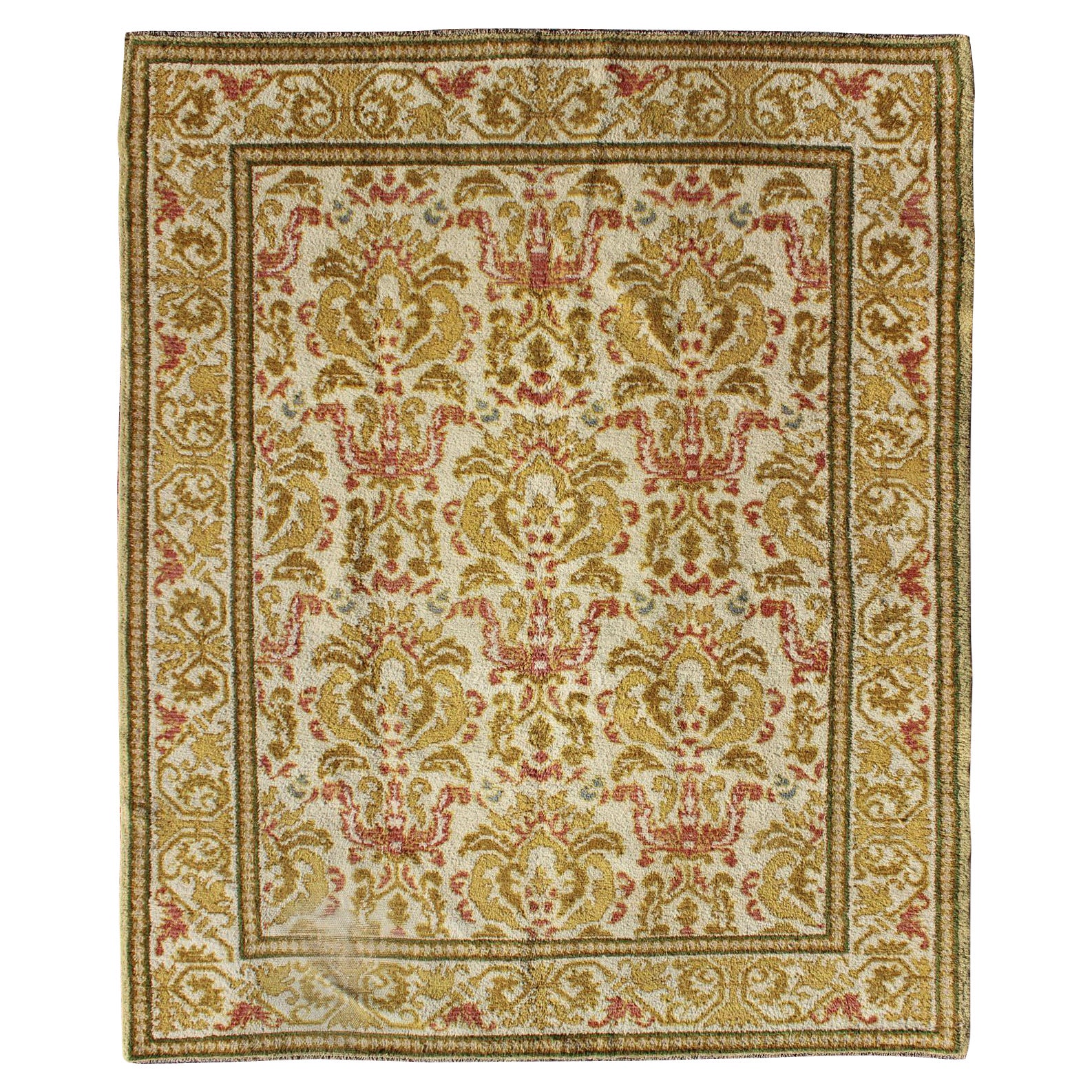 Tapis espagnol ancien en vert jaune, brun clair, vert acide, corail 6'4 x 7