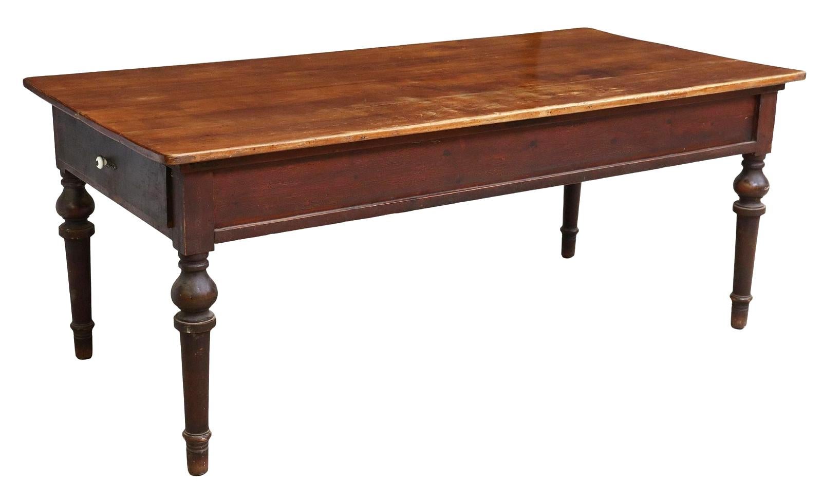 Antique Rustic farmhouse work table / dining table, Spain, 19th c.. This table features a rectangular plank top, two side drawers, rising on turned legs. Drawer features a white porcelain knob.

Dimensions
approx 31 7/8