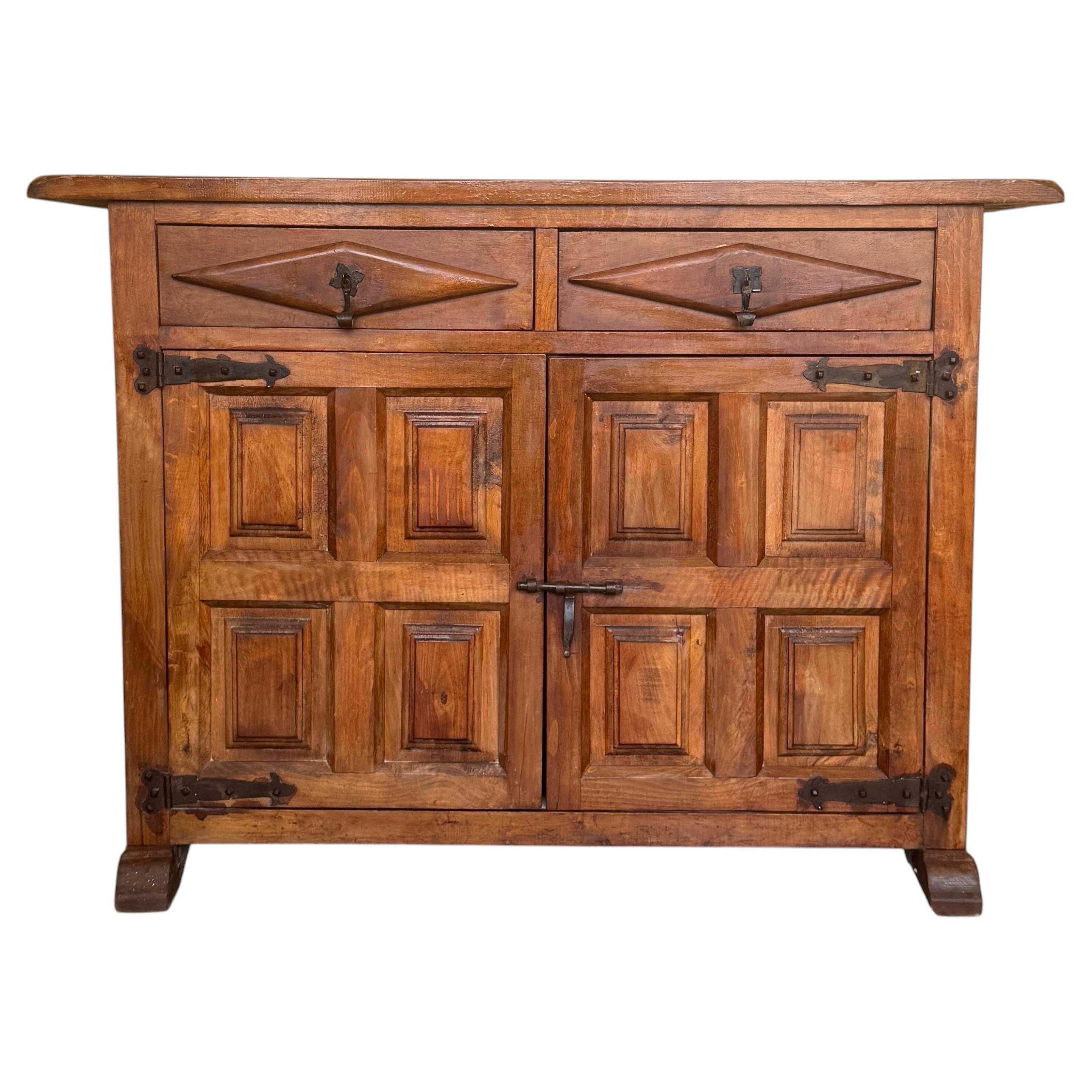 Antique Spanish Rustic Solid Wood Sideboard Cabinet with Drawers and Doors