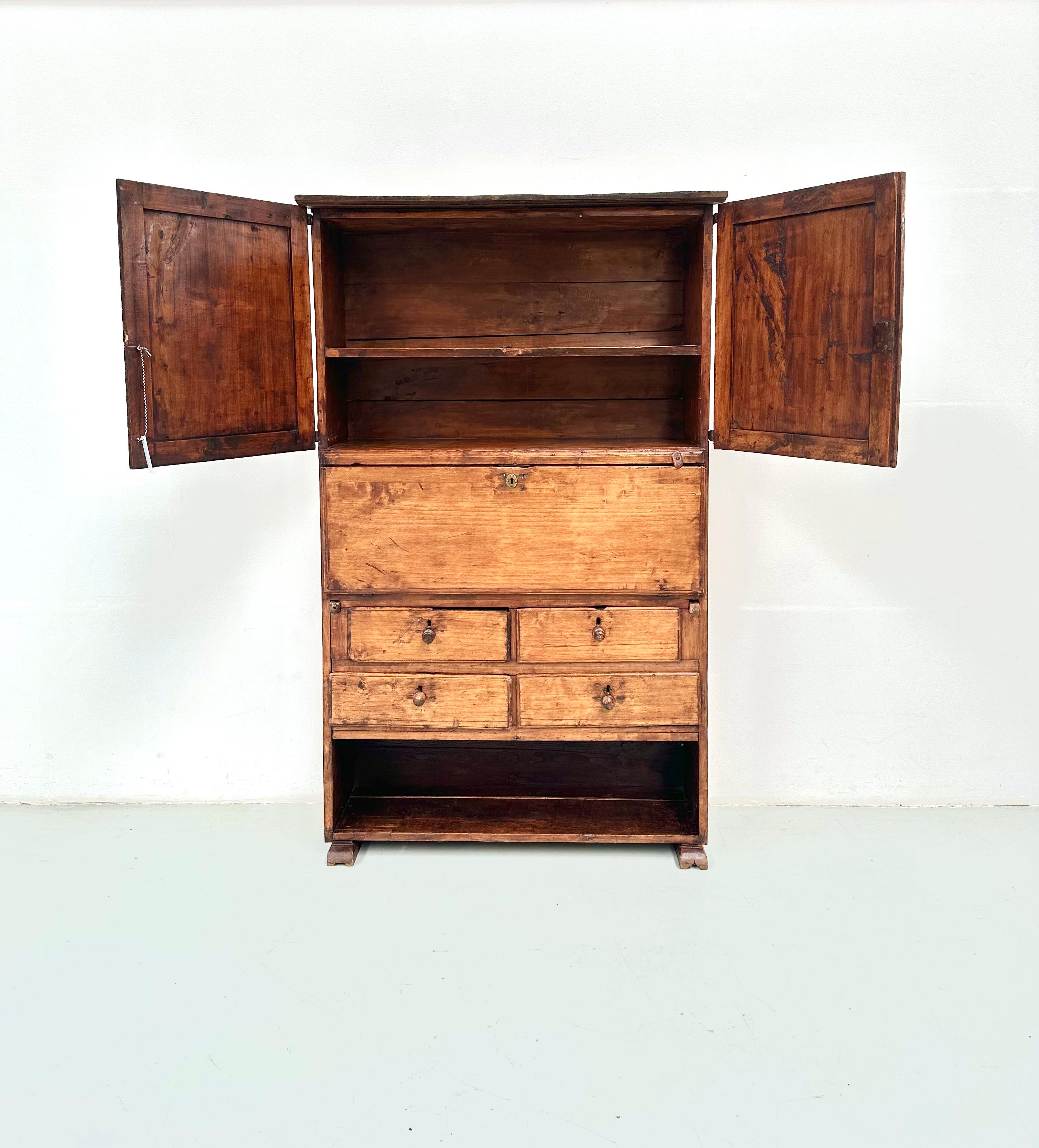Mid-19th Century Antique Spanish Secretary Cabinet in Fruitwood, 19th Century. For Sale