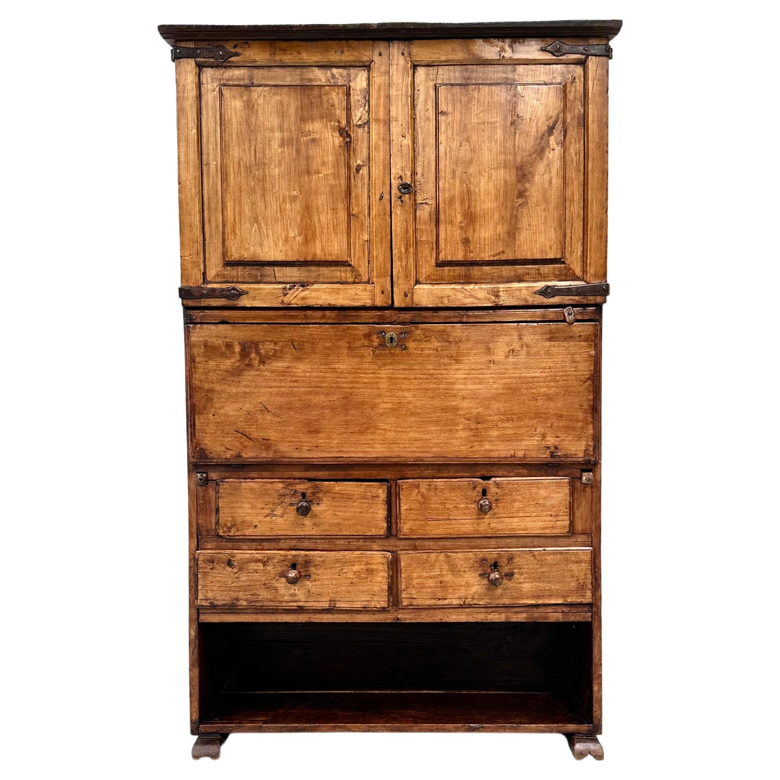 Antique Spanish Secretary Cabinet in Fruitwood, 19th Century. For Sale