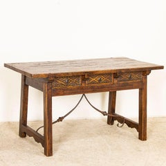Antique Spanish Side Table Writing Table Console with Iron Scroll Stretcher