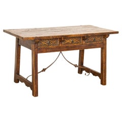 Antique Spanish Side Table Writing Table Console with Iron Scroll Stretcher