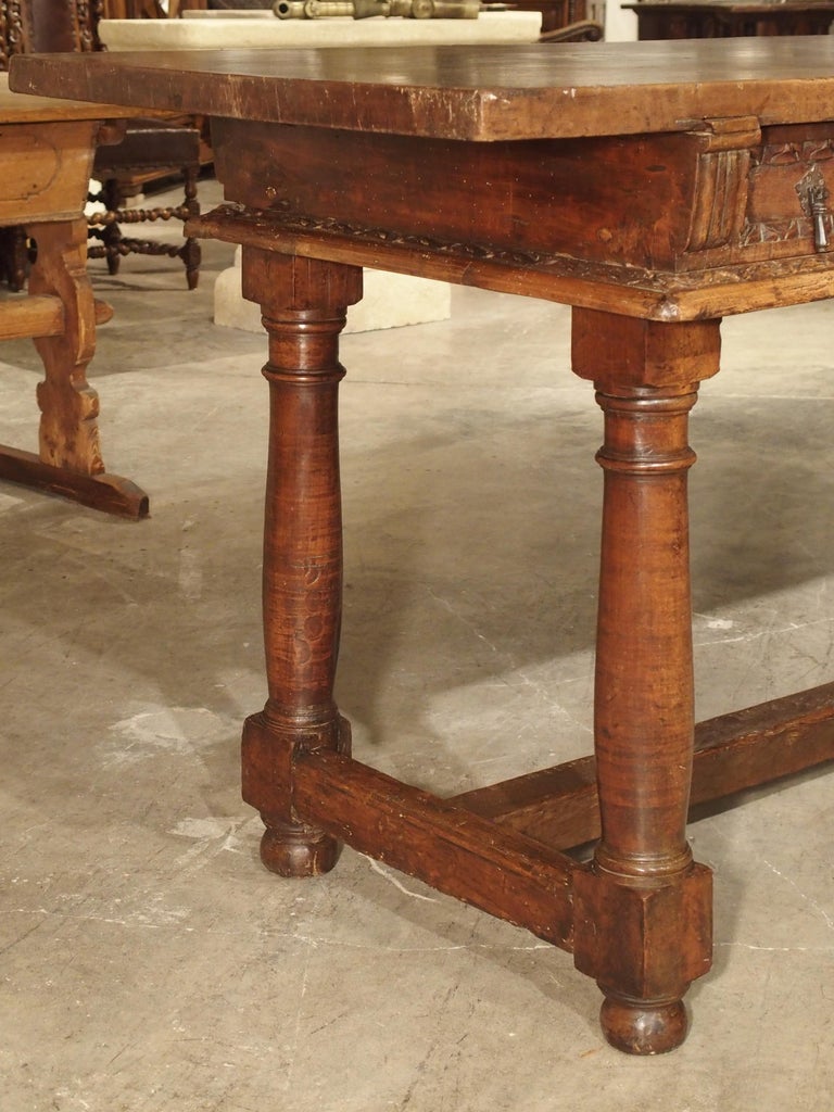 Antique Spanish Single Plank Walnut Wood Table with Carved Drawers