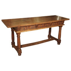 Antique Spanish Single Plank Walnut Wood Table with Carved Drawers, circa 1600