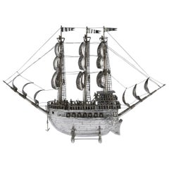 Antique Spanish Solid Silver Impressive Large Neff Galleon Ship, circa 1930