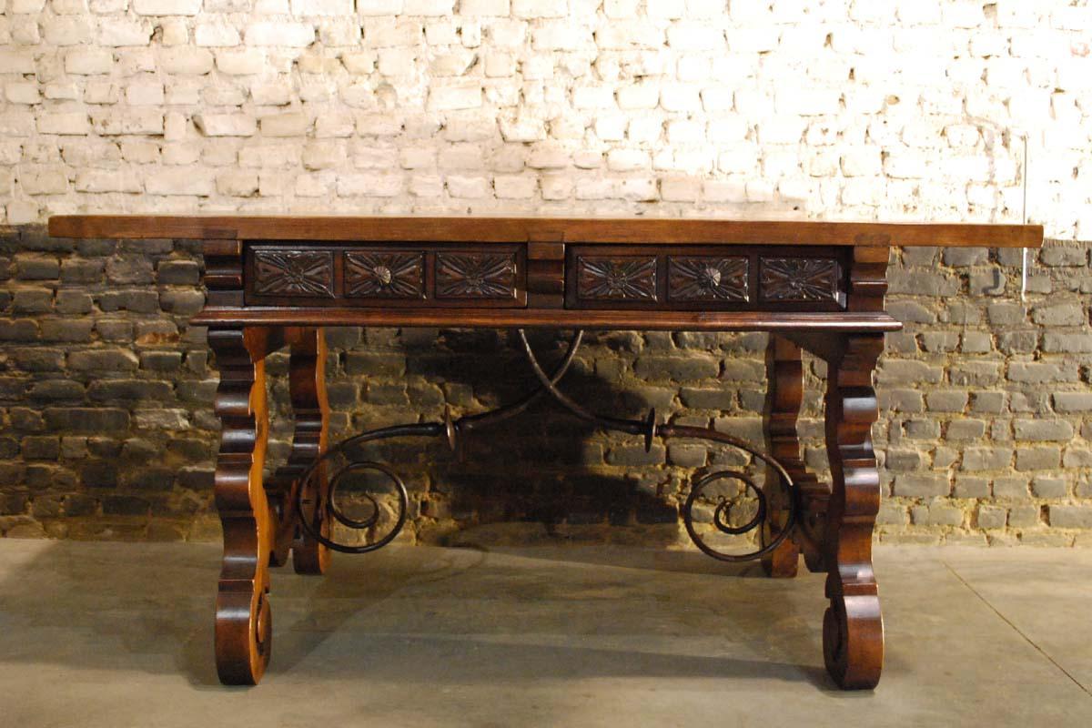 19th Century Antique Spanish Solid Walnut Baroque Lyre, Leg Table or Desk