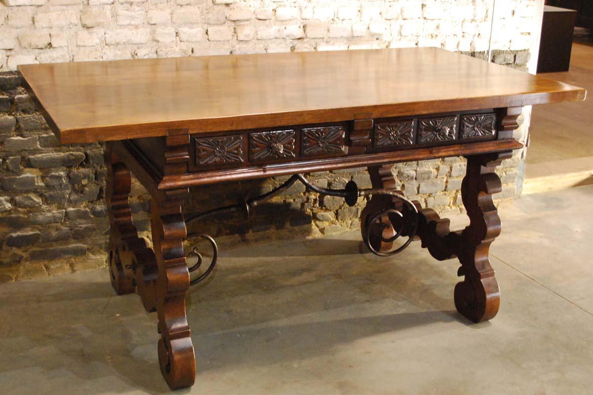 Iron Antique Spanish Solid Walnut Baroque Lyre, Leg Table or Desk