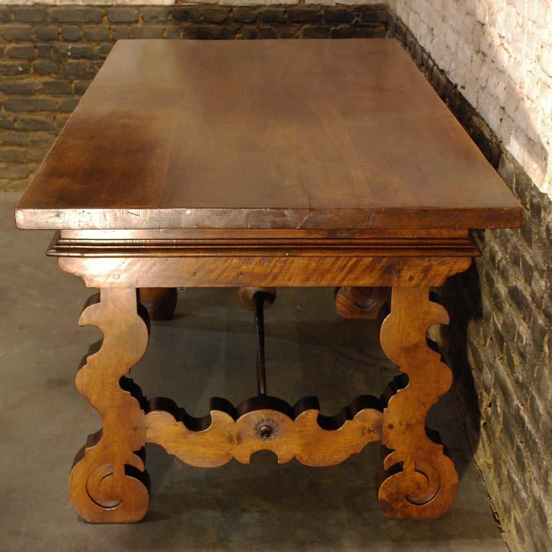 Antique Spanish Solid Walnut Baroque Lyre, Leg Table or Desk 1