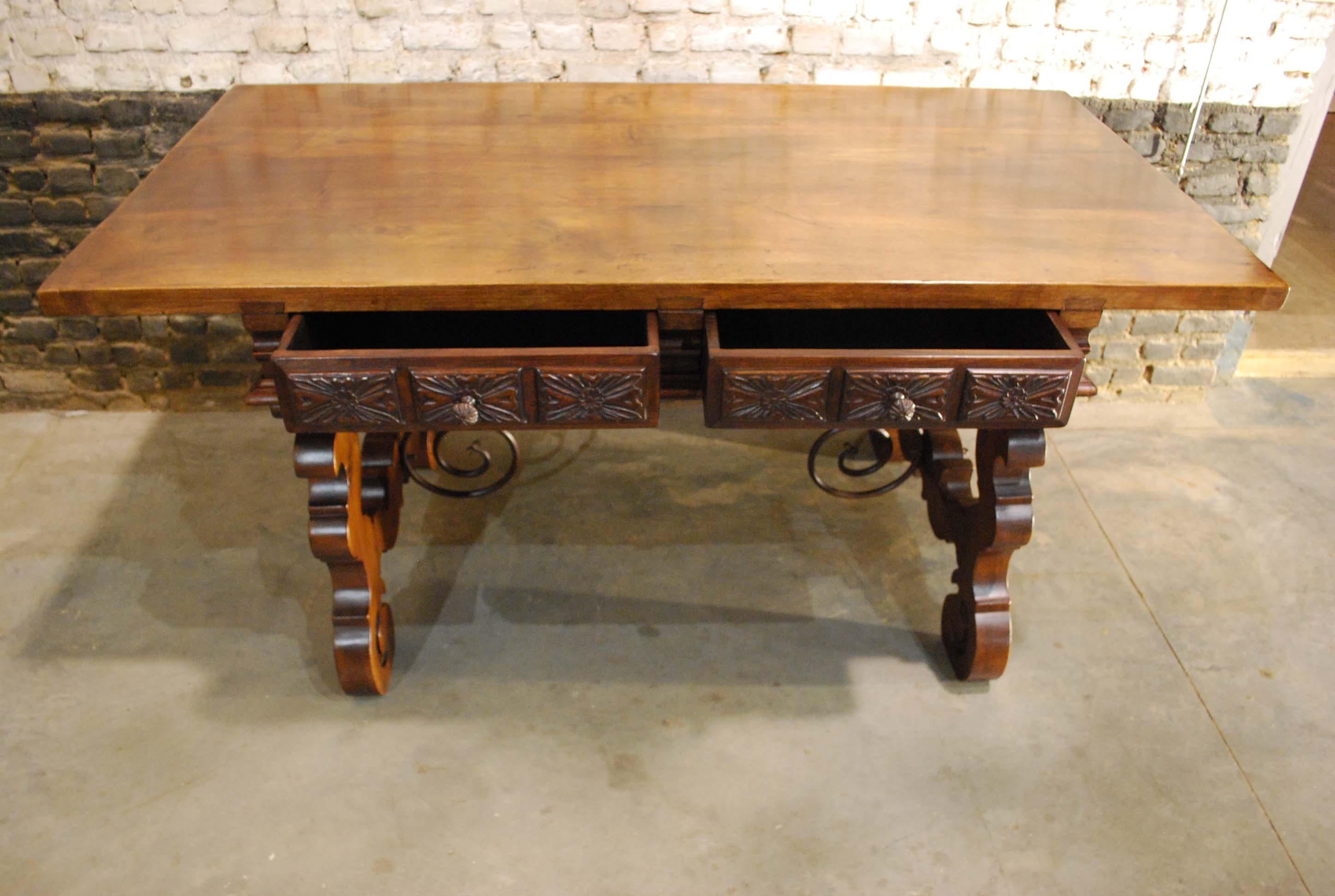 Antique Spanish Solid Walnut Baroque Lyre, Leg Table or Desk 2