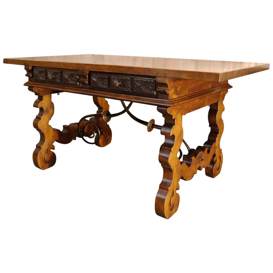 Antique Spanish Solid Walnut Baroque Lyre, Leg Table or Desk