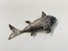 Antique Spanish Sterling Silver Articulated Fish Green Eyes 6 Inch