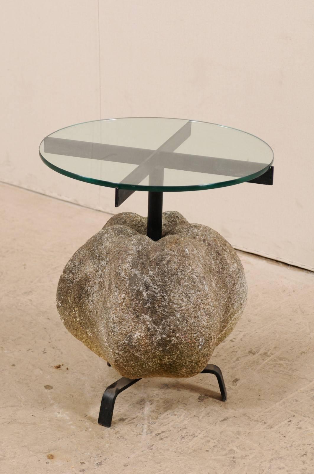 Antique Spanish Stone, Iron and Glass Side Table with Tripod Feet In Good Condition In Atlanta, GA
