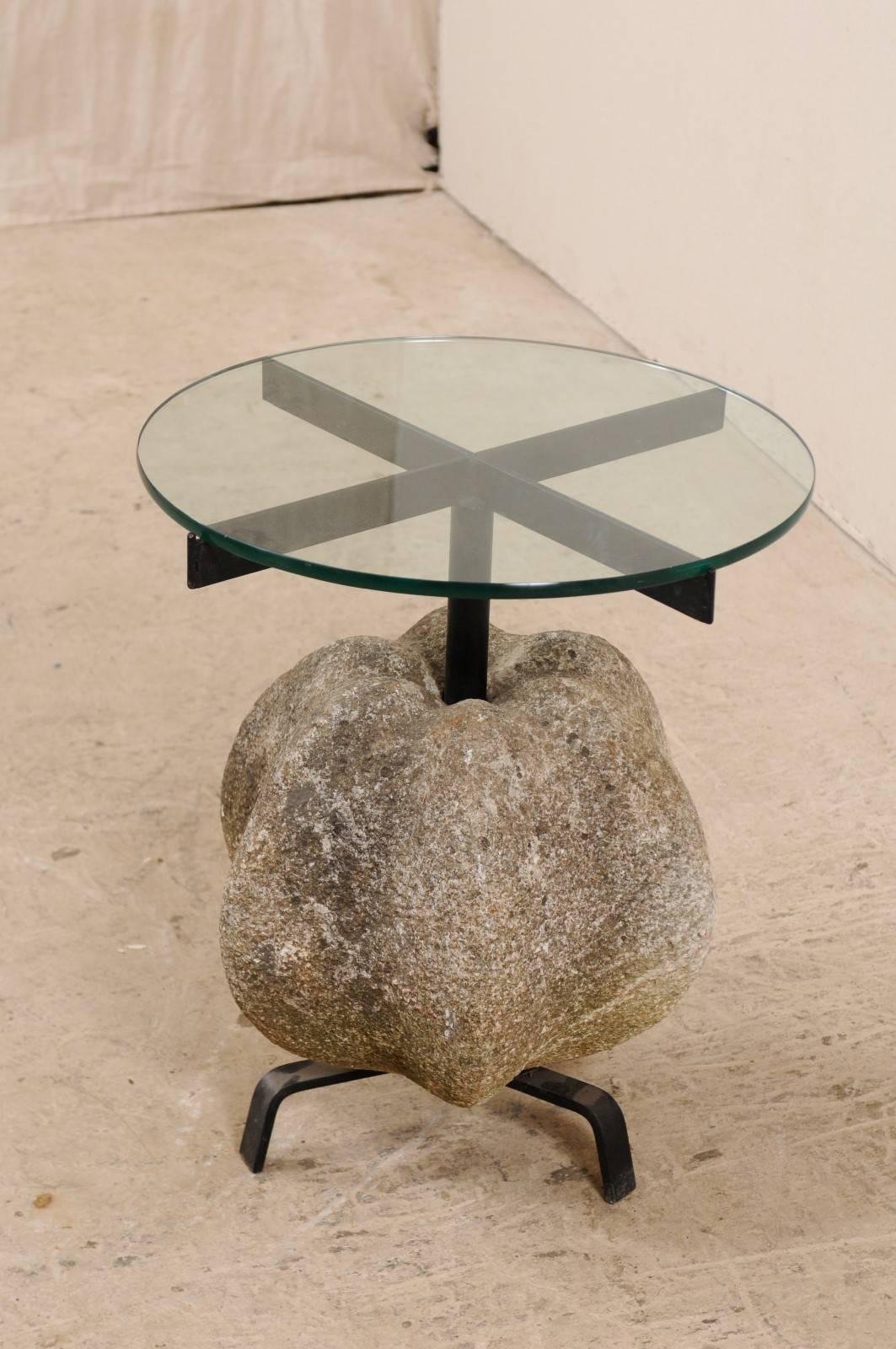 19th Century Antique Spanish Stone, Iron and Glass Side Table with Tripod Feet