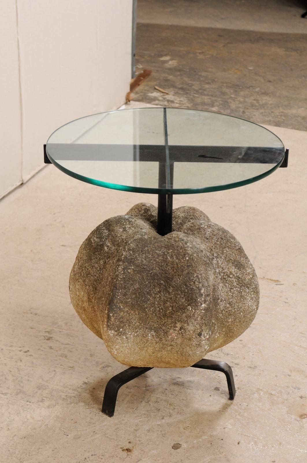 Metal Antique Spanish Stone, Iron and Glass Side Table with Tripod Feet