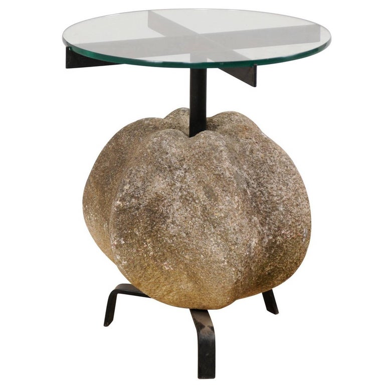 Antique Spanish Stone, Iron and Glass Side Table with Tripod Feet at