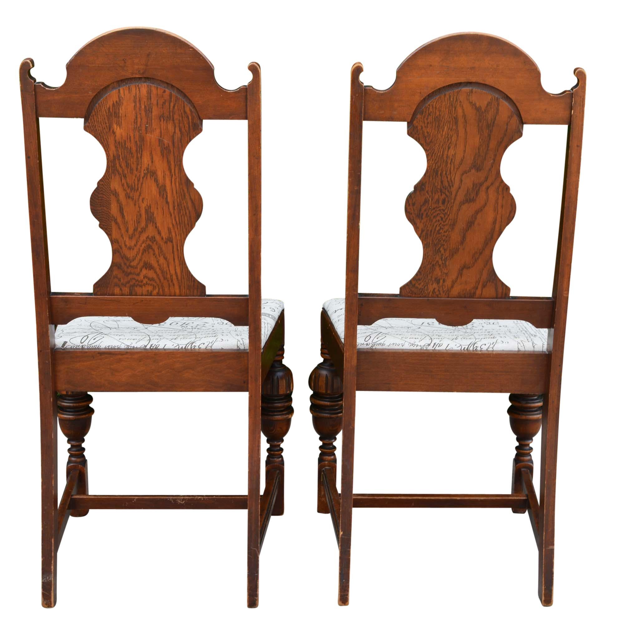 These chairs were manufactured in the early 1900s in Huntington, West Virginia by the Penn Table Company in the early 1900s. There is part of a manufacture's label remaining on the seat board of one chair. Jacobean style and urn detailing on back.