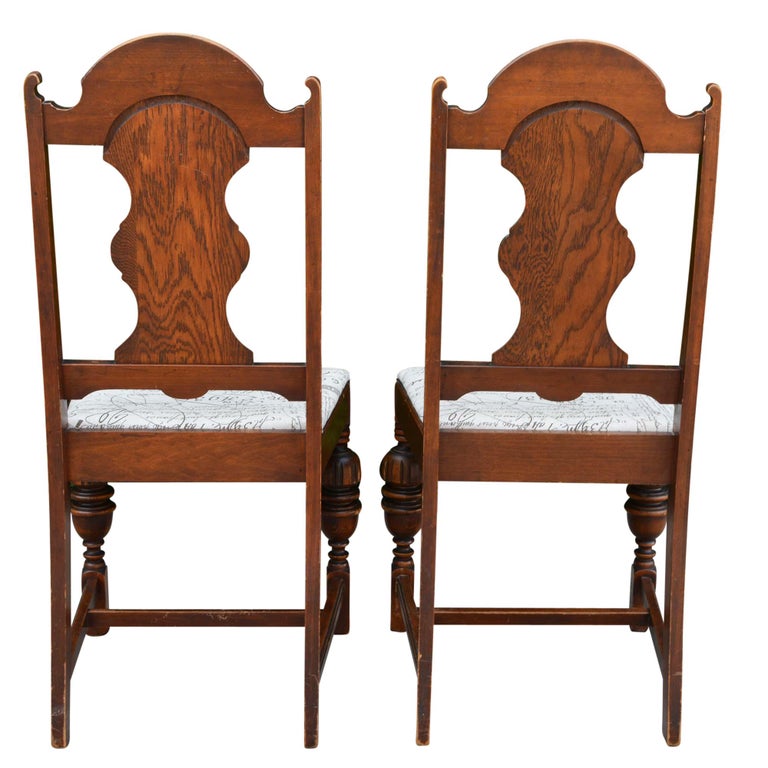 Antique Spanish Style Chairs with Taupe and Brown Upholstered Seat Pair