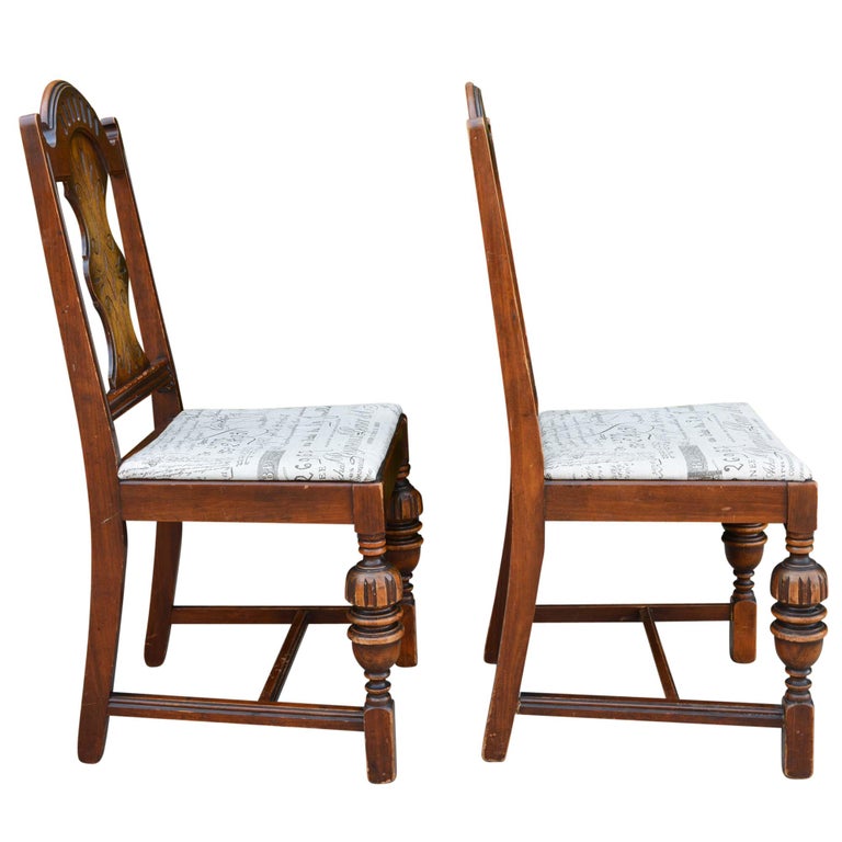 Antique Spanish Style Chairs with Taupe and Brown Upholstered Seat Pair For Sale at 1stDibs