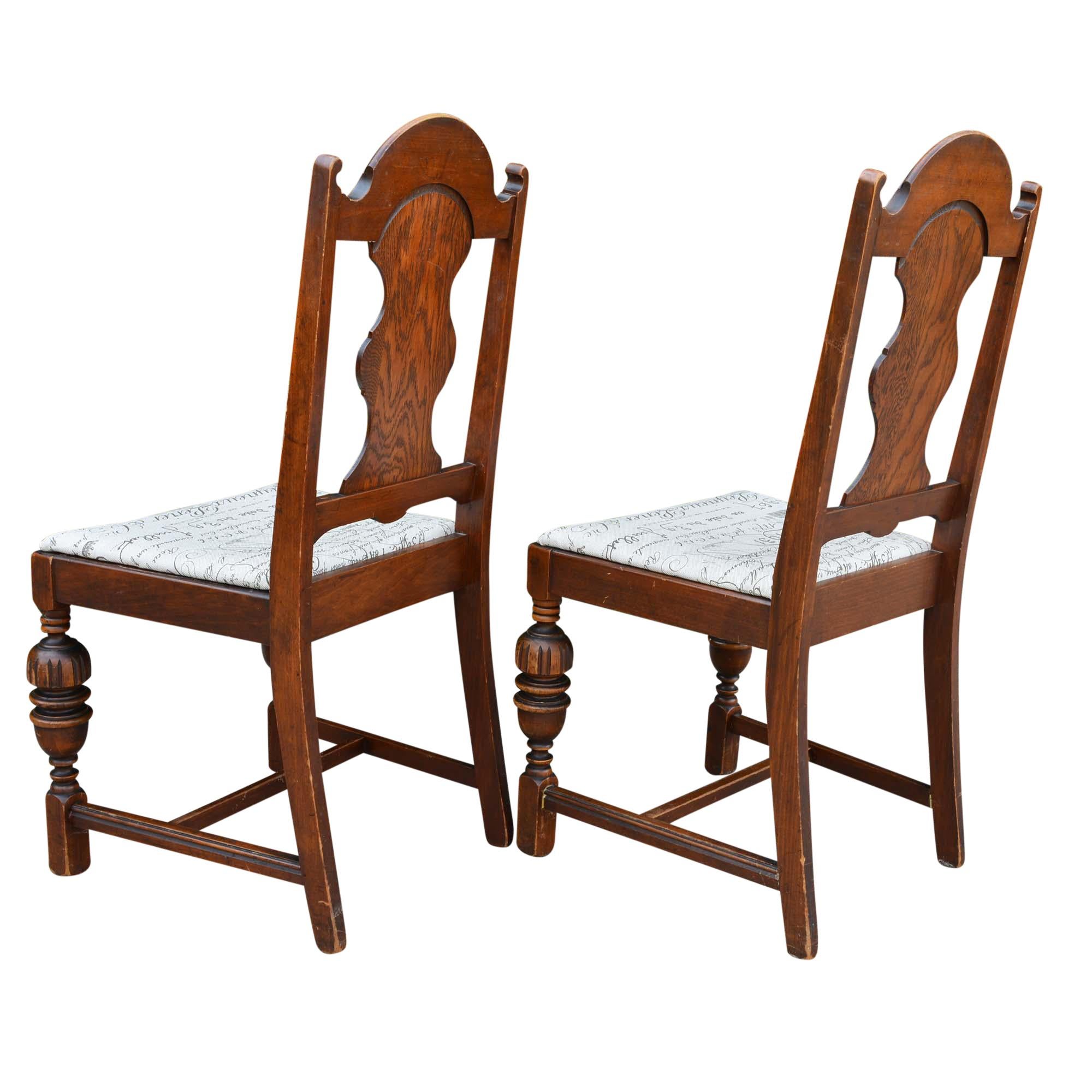 Jacobean Antique Spanish Style Chairs with Taupe and Brown Upholstered Seat Pair For Sale