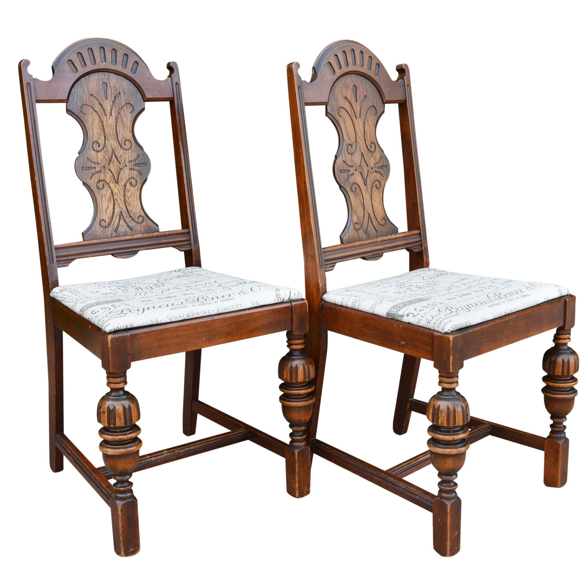 Antique Spanish Style Chairs with Taupe and Brown Upholstered Seat Pair In Distressed Condition For Sale In Pataskala, OH