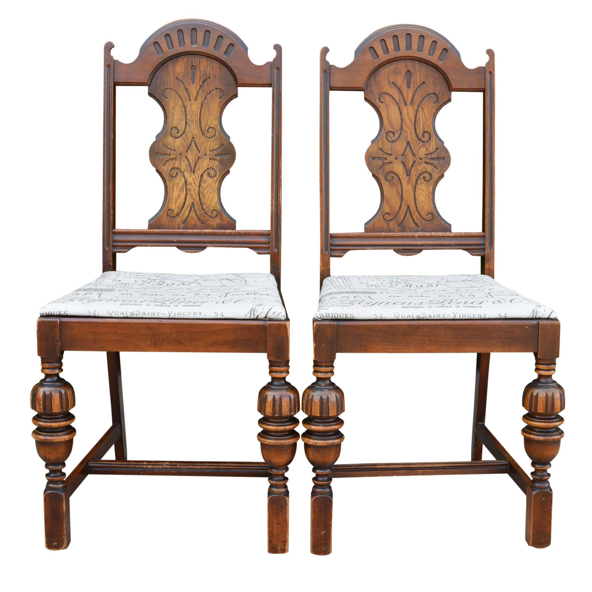 Antique Spanish Style Chairs with Taupe and Brown Upholstered Seat Pair For Sale