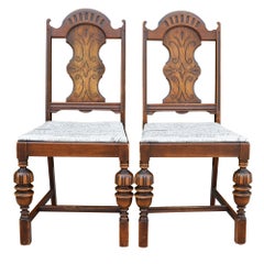 Antique Spanish Style Chairs with Taupe and Brown Upholstered Seat Pair