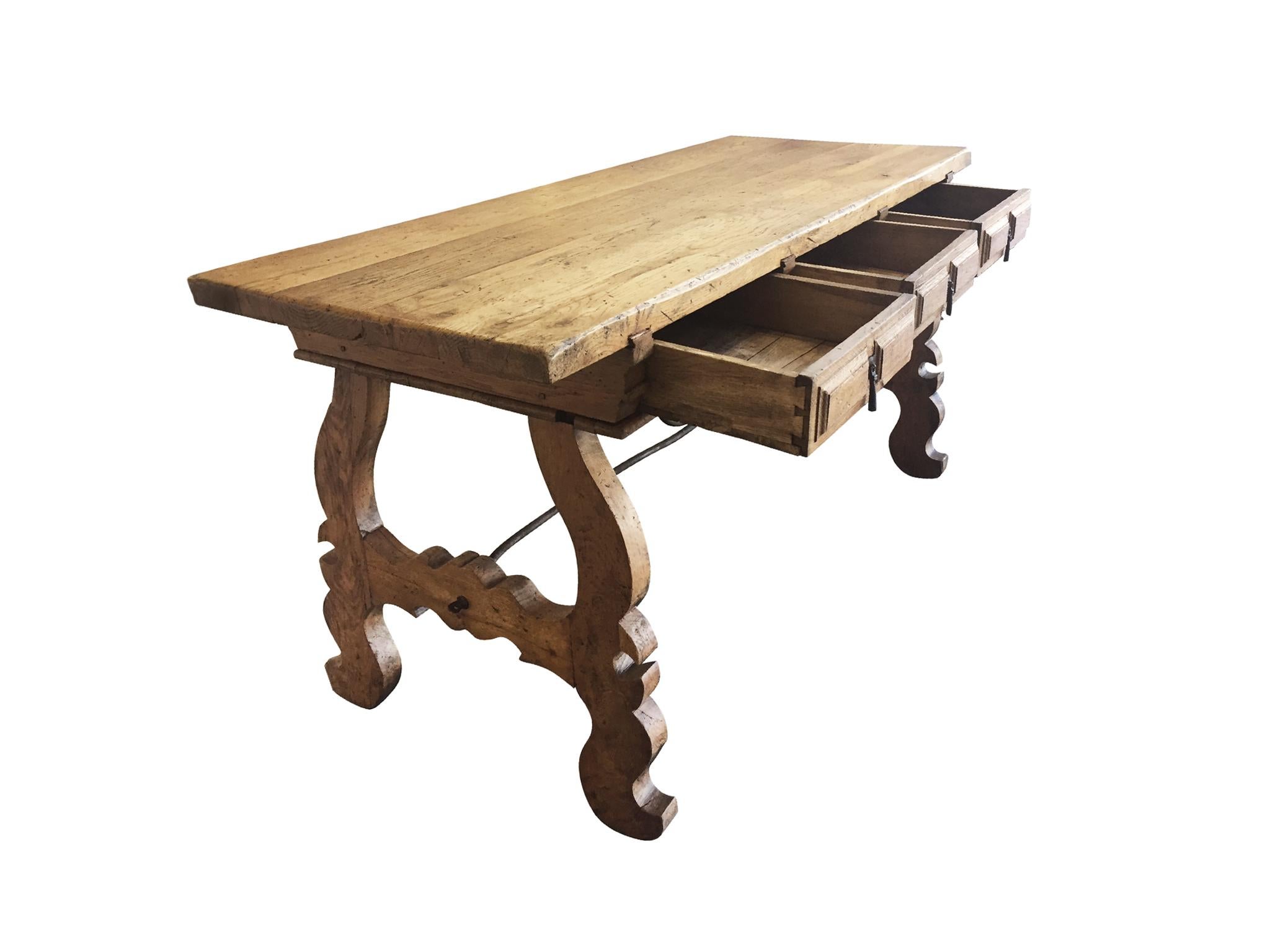 19th Century Antique Spanish-Style Oak Trestle Desk