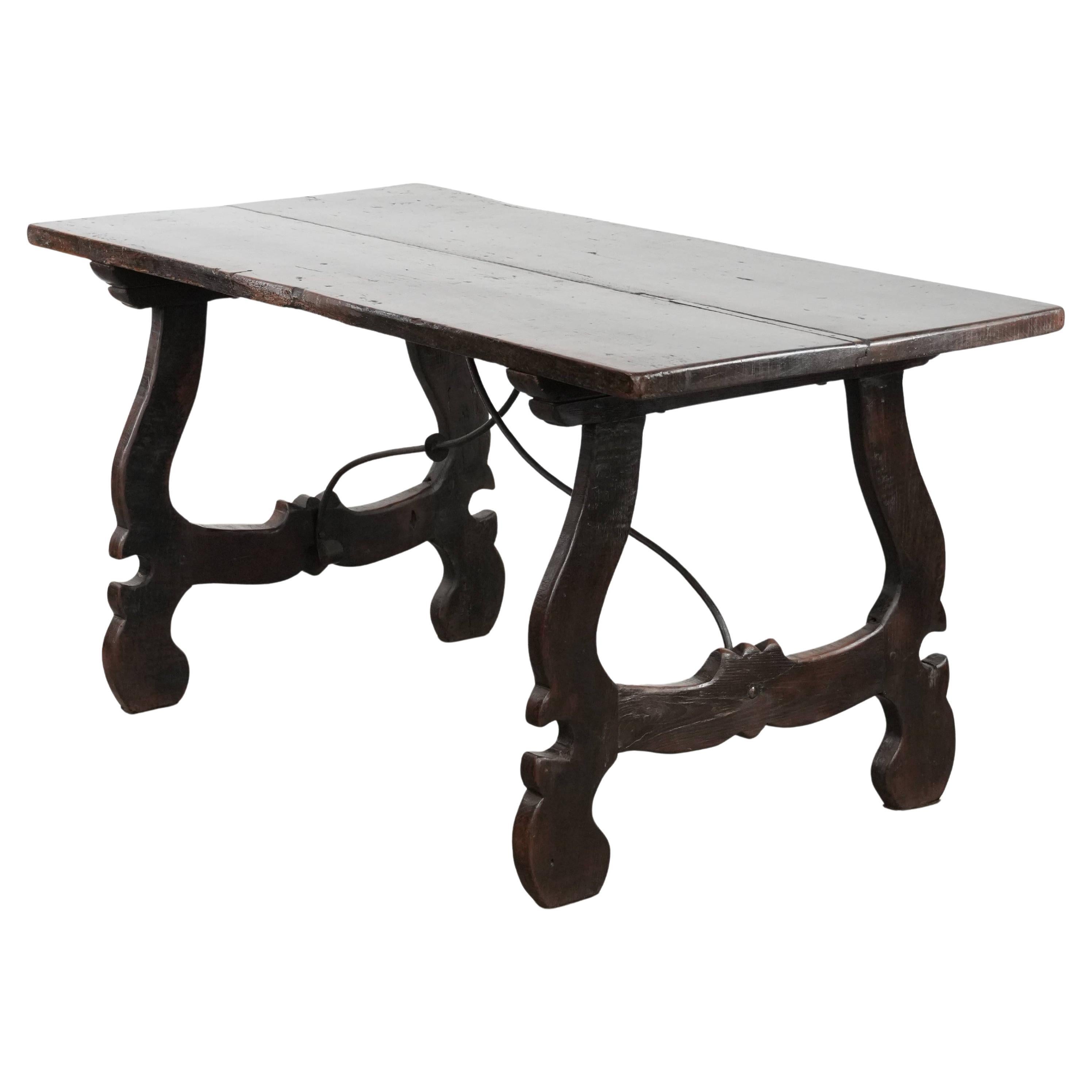 Antique Spanish table from the early 18th century with a cast iron base For Sale