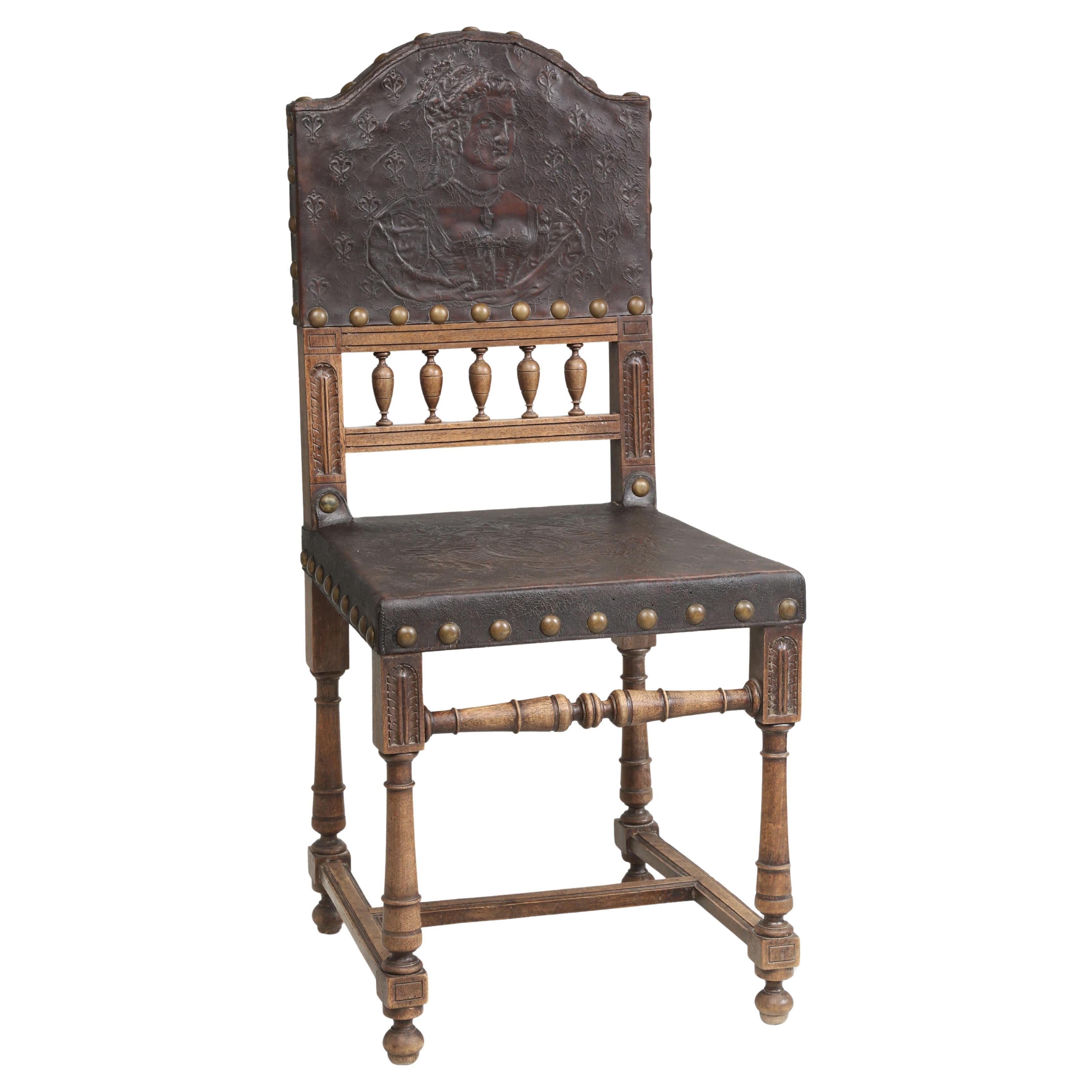 Ancienne chaise d'appoint en cuir toilé espagnol Fin des années 1800 Entièrement d'origine en vente
