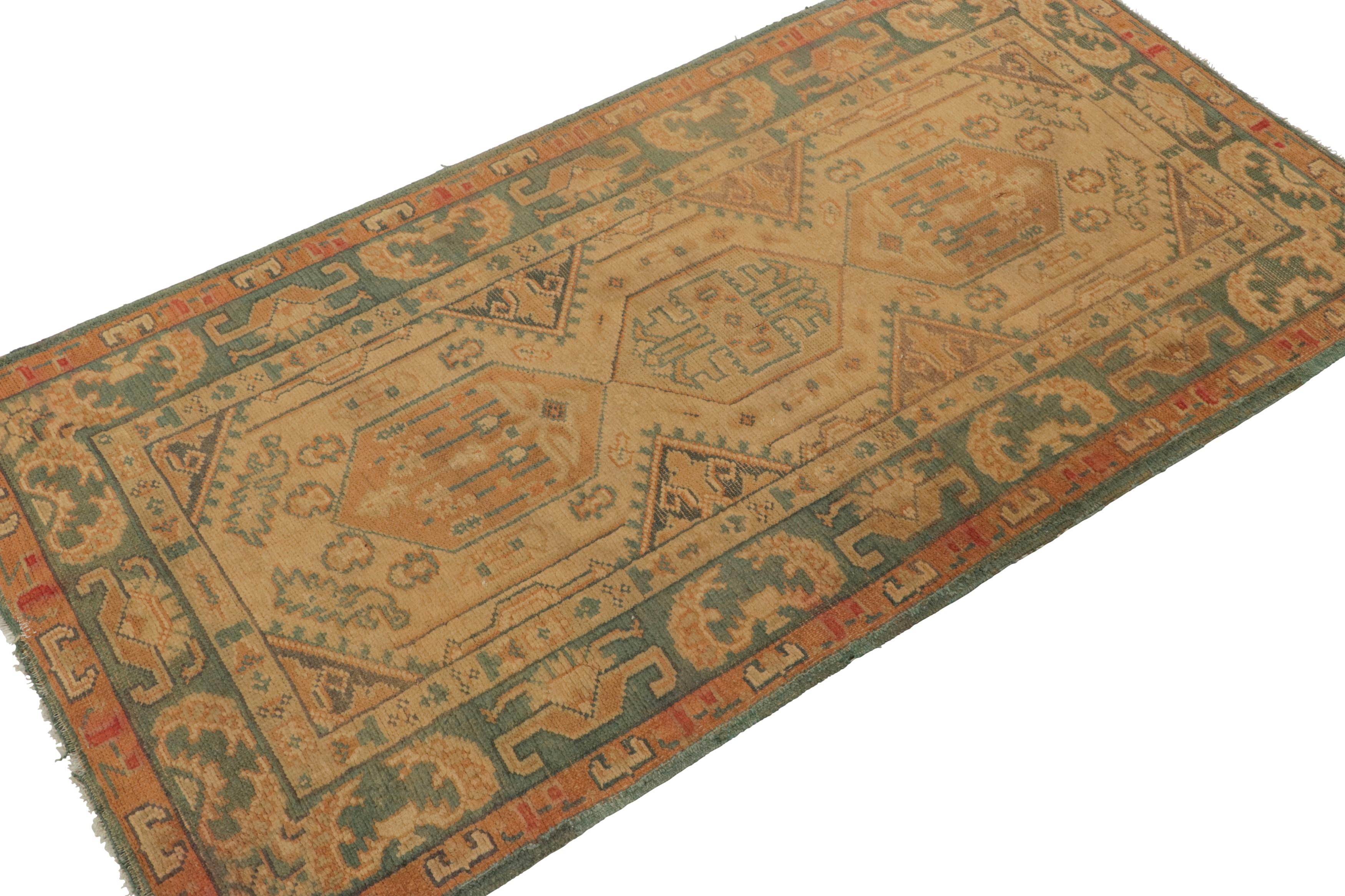 Hand-Knotted Antique Oushak Runner in Golden-Beige with Geometric Medallions - Rug & Kilim For Sale