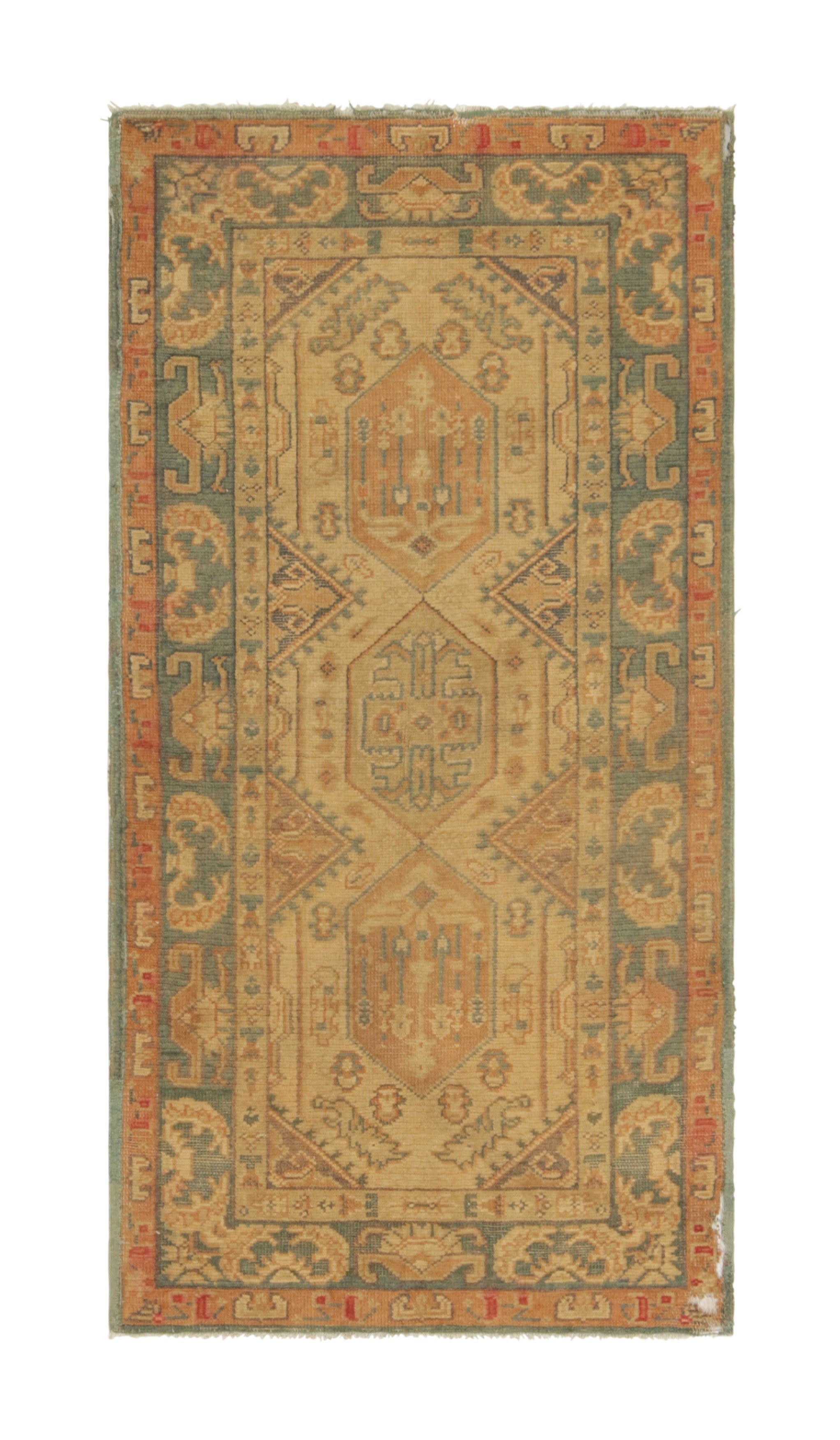 Antique Oushak Runner in Golden-Beige with Geometric Medallions - Rug & Kilim For Sale
