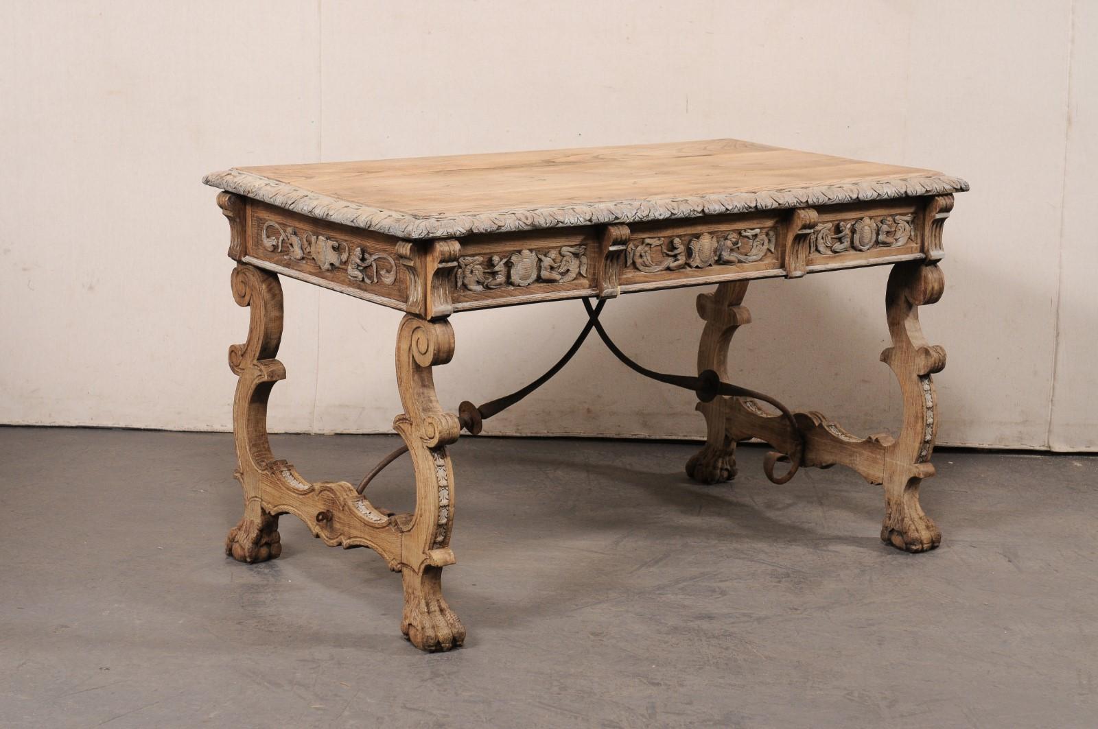 Antique Spanish Trestle-Leg & Iron Stretcher Desk, Elaborately Carved For Sale 5