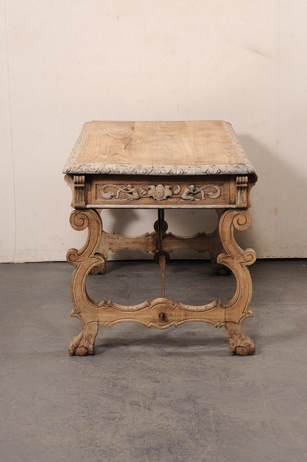Antique Spanish Trestle-Leg & Iron Stretcher Desk, Elaborately Carved 6