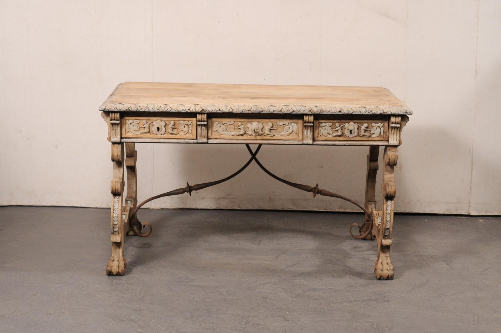 Antique Spanish Trestle-Leg & Iron Stretcher Desk, Elaborately Carved For Sale 7