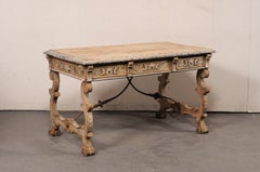 Antique Spanish Trestle-Leg & Iron Stretcher Desk, Elaborately Carved