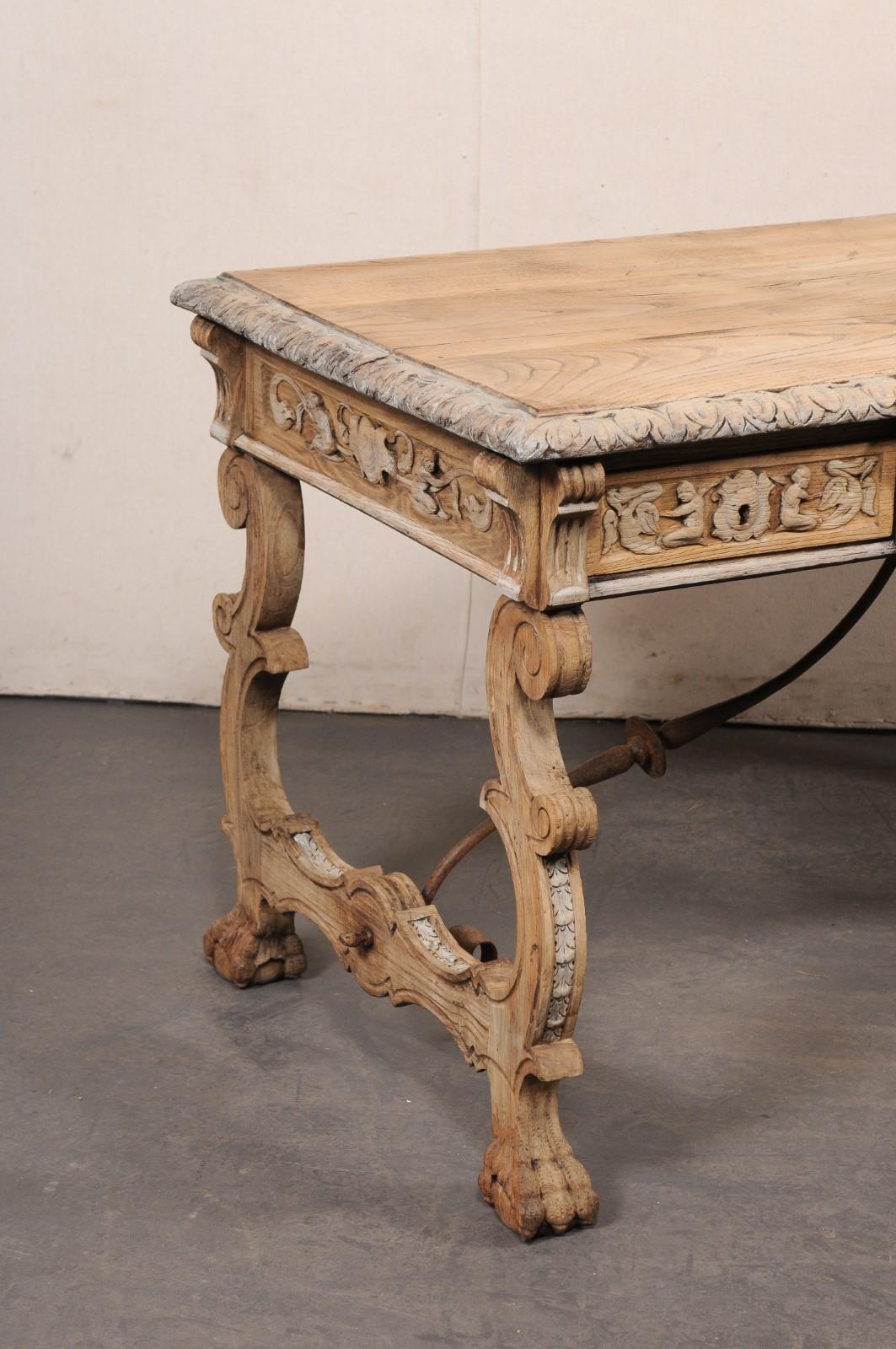 Antique Spanish Trestle-Leg & Iron Stretcher Desk, Elaborately Carved In Good Condition For Sale In Atlanta, GA