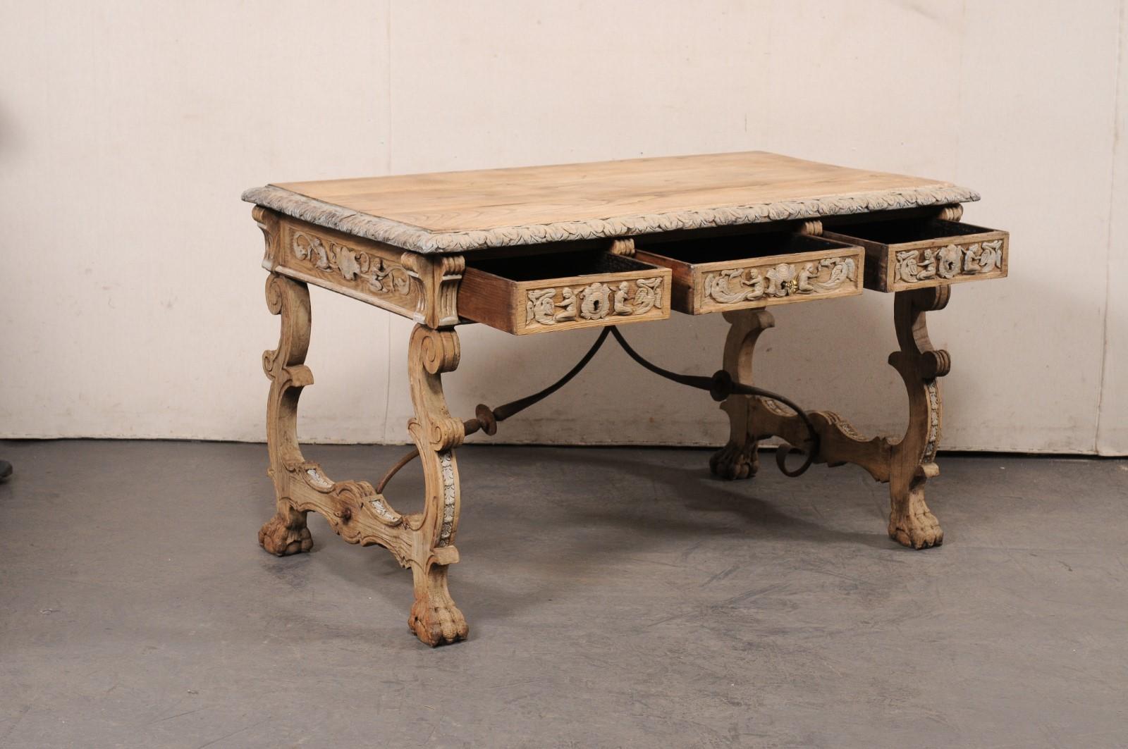 20th Century Antique Spanish Trestle-Leg & Iron Stretcher Desk, Elaborately Carved For Sale