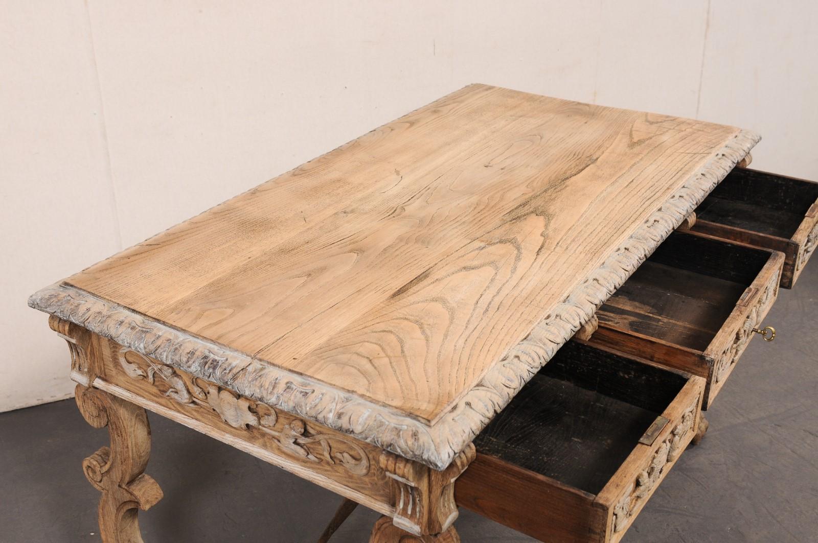 Wood Antique Spanish Trestle-Leg & Iron Stretcher Desk, Elaborately Carved